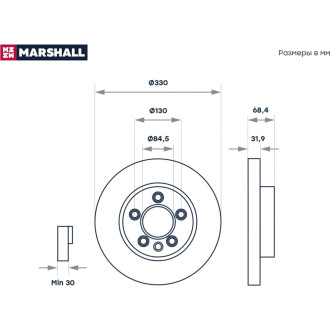 Передний левый тормозной диск Porsche Cayenne I 957 06-, VW Touareg I, II 02- MARSHALL M2000590