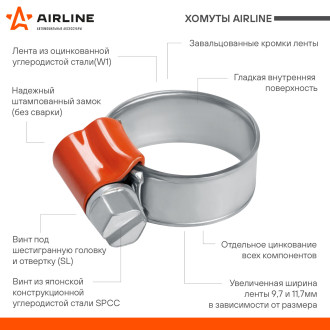 Хомут 12-22/9,7 мм, червячный, усиленный, W1 (оцинк.), 1 шт. AHC-S-05 AIRLINE