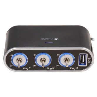 Прикуриватель-разветвитель 3 гнезда 5А + USB 1A, с выключателями нагрузки ASP-3S-15 AIRLINE