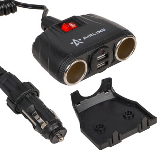 Прикуриватель-разветвитель 2 гнезда + 2USB с витым шнуром, штекер-фиксатор ASP-2U-11 AIRLINE