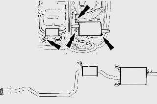 Расположение резиновых опор крепления системы выпуска отработавших газов к днищу автомобиля