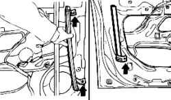 Снятие переднего и заднего направляющих желобков стекла передней двери