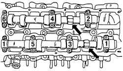 Фиксация распределительных валов. Стрелками показаны шестигранники, предназначенные для фиксации распределительных валов