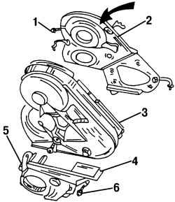 Детали защиты зубчатого ремня (в указанном стрелкой месте установите оправку для снятия зубчатого колеса распределительного вала)