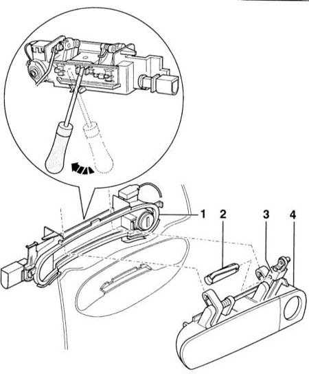  Снятие и установка ручки передней двери и цилиндра замка Audi A3