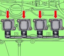 Расположение катушек зажигания на свечах зажигания бензинового двигателя V8–2V