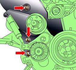 Расположение болтов крепления правого кожуха зубчатого ремня