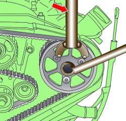 Использование специального приспособления 3036 для фиксации шкива распределительного вала от проворачивания