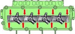 Расположение болтов крепления кожухов топливных форсунок 