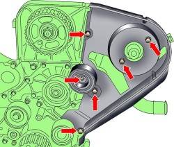 Расположение болтов крепления направляющего ролика и заднего кожуха зубчатого ремня