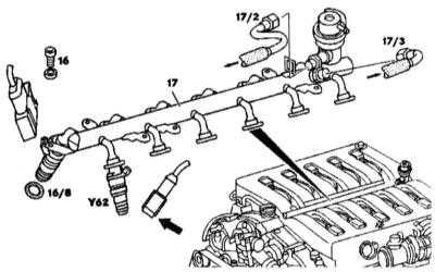  Снятие и установка топливной распределительной магистрали с инжекторами Mercedes-Benz W140