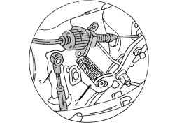 Отсоединение тяги (1) от рычага регулятора (2)