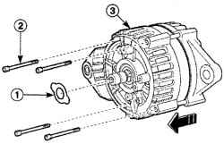 Расположение крепежной пластины (1) и болтов (2) крепления корпуса генератора (3) к крышке генератора