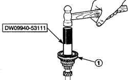Использование молотка и инструмента DW09940—53111 для установки ступицы синхронизатора третьей-четвертой передач в сборе (1) на первичный вал