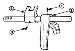 Расположение пальца (1) вилки переключения третьей-четвертой передач (2) и пальца (3) кулачка переключения шестерни третьей-четвертой передач (4)