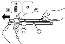 Снятие вала переключения (1) и шарика (2) шестерни пятой—задней передач и направляющего шарика и пружины (3) переключения задней передачи