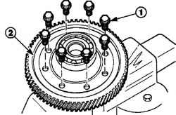 Расположение болтов (1) крепления зубчатого колеса дифференциала (2)