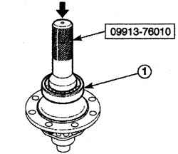 Использование инструмента 09913—76010 и молотка для установки левого подшипника (1) дифференциала