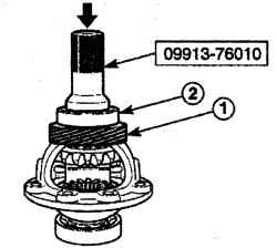 Использование инструмента 09913—76010 и молотка для установки шестерни привода спидометра (1) и правого подшипника дифференциала (2)