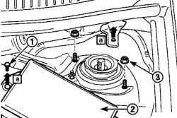 Расположение болта (1) крепления блока предохранителей (2) и гаек (3) крепления амортизационной стойки со стороны водителя