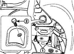 Расположение болтов крепления (1, 2) передней амортизирующей втулки к поперечному рычагу